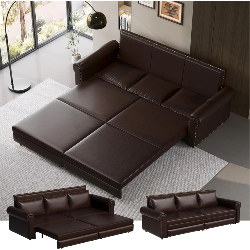 

King Size Sleeper Sofa, Convertible 3-in-1 Couch with Faux Leather, Pull-Out Bed and Chaise Lounge