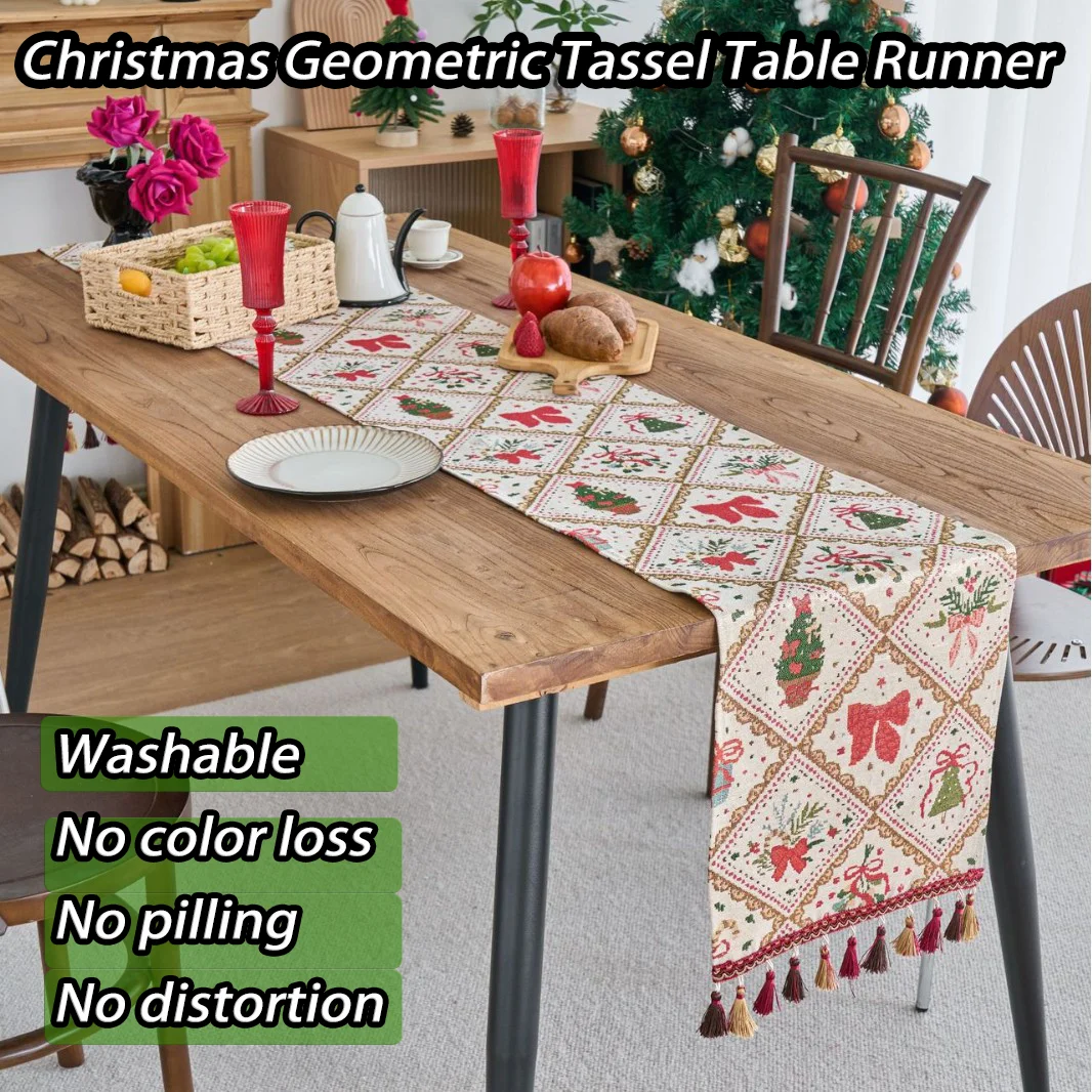 Christmas Table Runner Vintage Geometric Tassel Strip Table Runner Dining Table Tv Cabinet Decorative Cover Cloth Home Decor