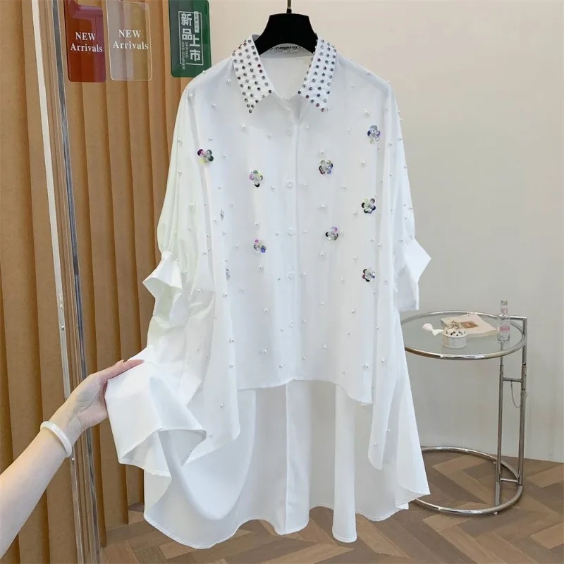 Fashion Niche Design Blouse Summer Oversized Mid Long Shirts Floral Sequins Hand Beaded Crystal Rhinestone Loose All Match Tops