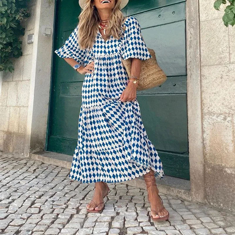 

Summer Women's Dress Long Lantern Sleeve Ruffle Dress Loose Round Neck Oversized Hem Dress