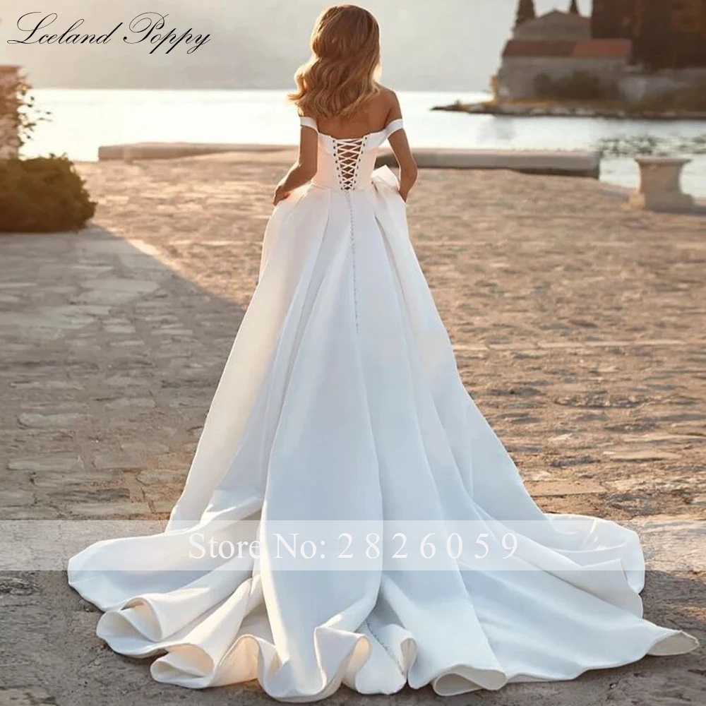 Lceland Poppy Customized A Line Boat Neck Satin Wedding Dresses Beaded Bridal Gowns with Chapel Train