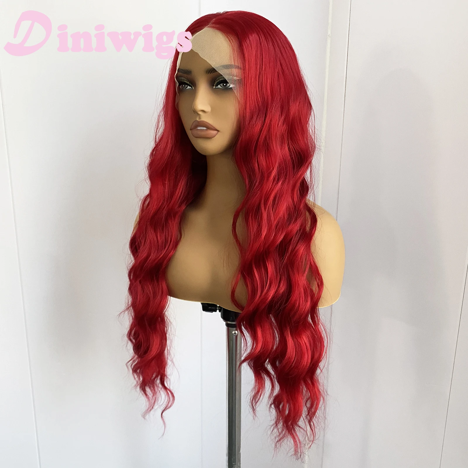 Diniwigs الأحمر الدانتيل شعر مستعار أمامي طويل الجسم موجة الاصطناعية الدانتيل الباروكة شعري طبيعي الاستخدام اليومي تأثيري الباروكات للنساء مقاومة للحرارة