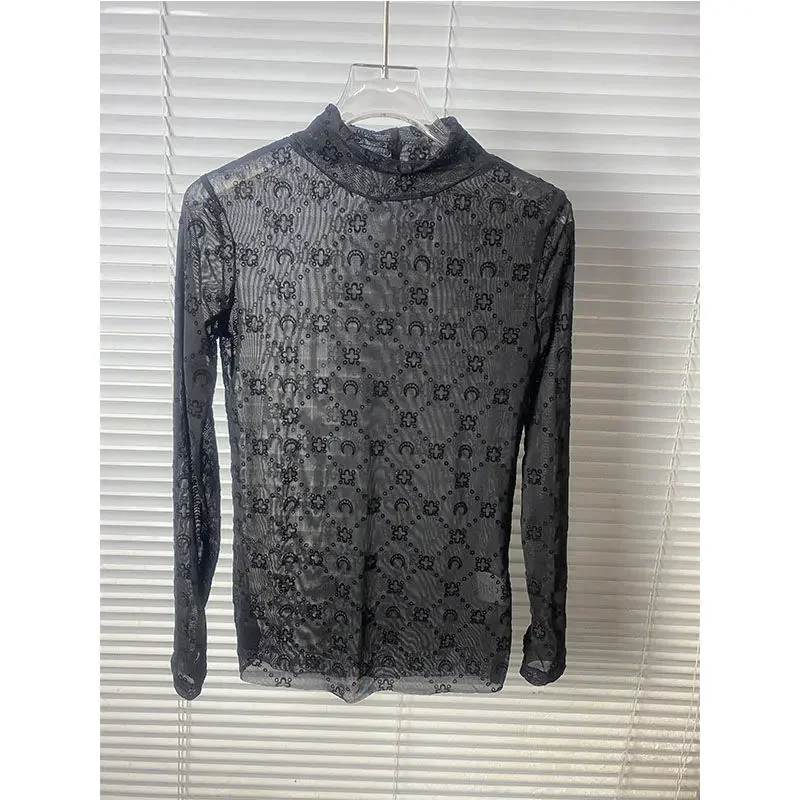 ​ ​ 伸縮性のあるメッシュトップ 2025、レディース ムーンフロッキングプリント 長袖、快適なシアーレースシャツ、多用途な重ね着ベース ​ ​