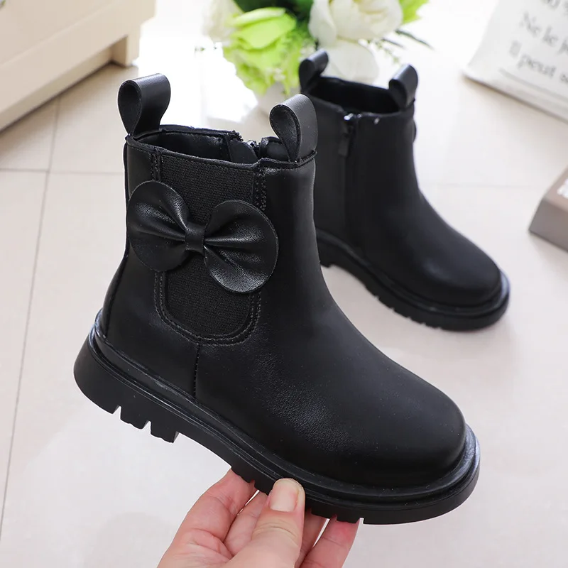 Autumn Winter 2020 New Children Leather Boots For Girls Fashion Bow Waterproof Boots Big Kids Shoes 3 4 5 6 7 8 9 10 11 12 Years