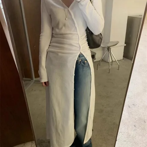 슬림핏 드레스 2024년 봄 긴 소매 슬림핏 허리 조임 V넥 단추 드레스 원피스 드레스 원피스 슬림핏 허리 조임 단추 드레스 