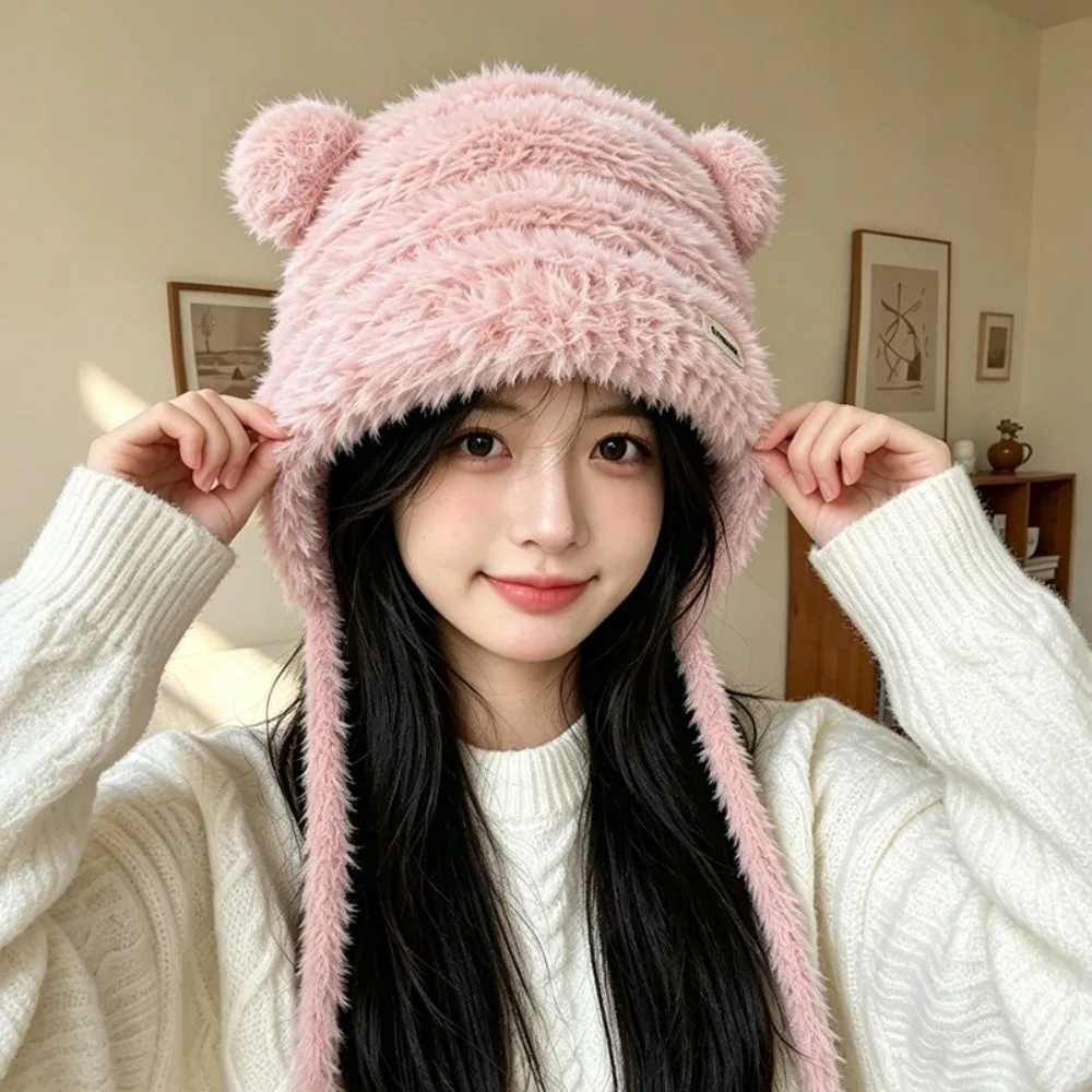 Polyester Material Ear Flap Hat Fits 55cm to 58cm Head Circumference Bear Ear Warm Winter Knitted Hat