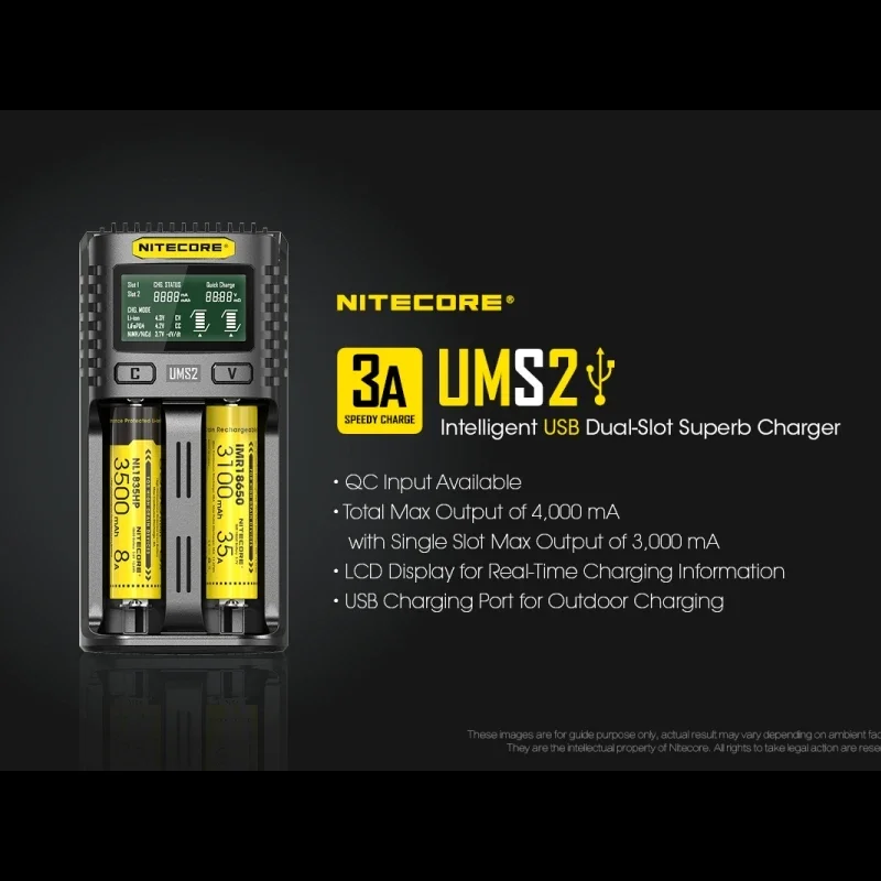 NITECORE UMS2 USB Dual-slot Intelligent Battery Charger + NITECORE 21700 Li-ion Rechargeable battery NL2150 5000mAh 3.6V 18Wh