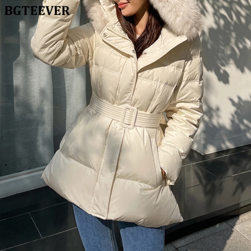 

BGTEEVER Chic Stylish Long Sleeve Hooded Parkas for Women Winter Thicken Warm Loose Pockets Ladies Single-breasted Belted Coats