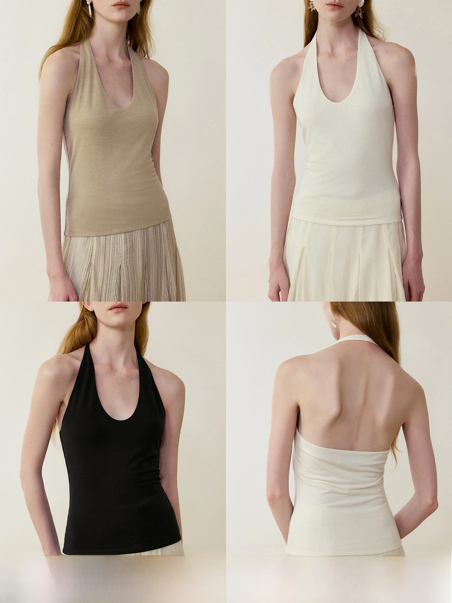 

Женский облегающий топ-майка с U-образным вырезом, модный, простой, из шерсти и лиоцелла, с бретельками на шее, открывающий спину, без рукавов