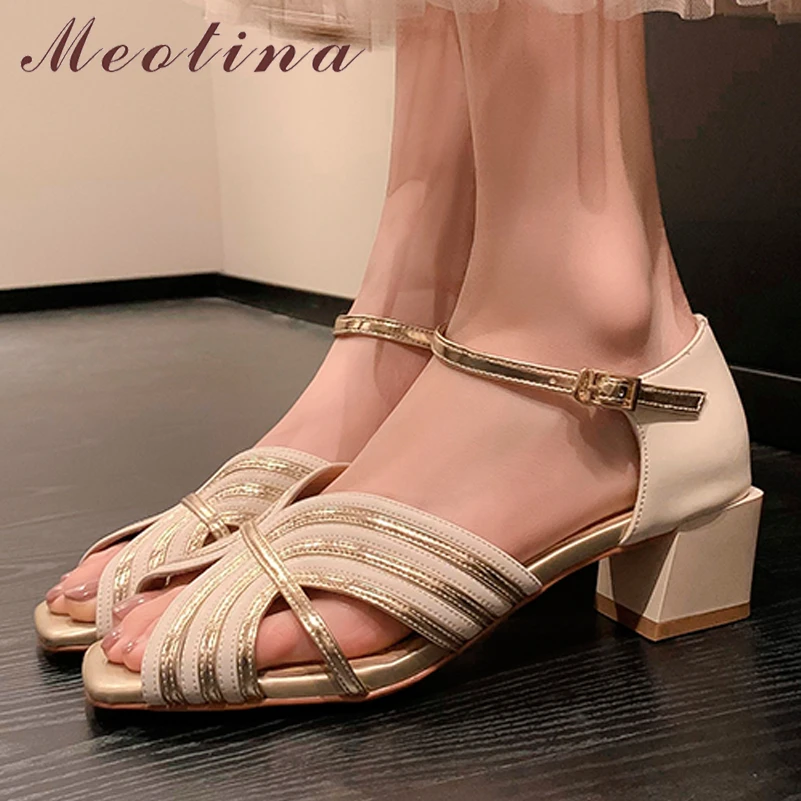 

Meotina Women Genuine Leather Square Toe Sandals Thick High Heel Buckle Narrow Band Ladies Fashion Shoes Summer Spring Black