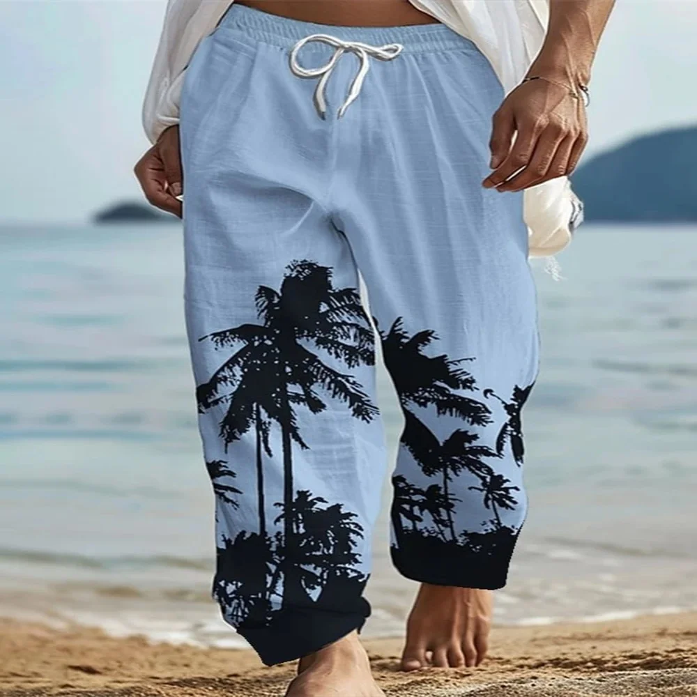 2025 Summer men's casual pants, 3D coconut tree printed mid-waist elastic band Hawaiian outdoor vacation straight-leg pants