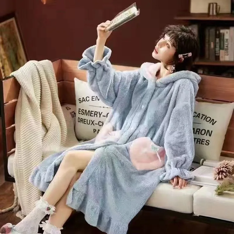 Hooded Robe for Women Sleepwear Nightdress Winter Night Wears Warm Fleece Pajama One Piece Nightgown Button Long Sleeve Homewear