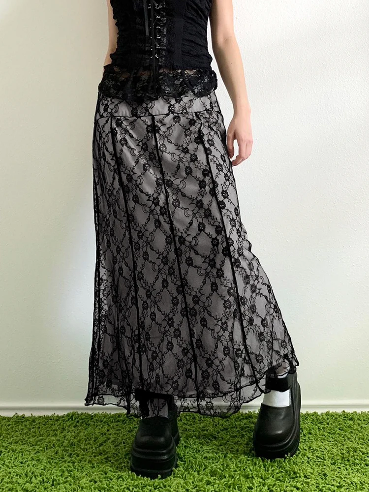 Fairycore Stitched Lace Floral Skirt Harajuku Patchwork Loose Long Skirts 2024 Autumn Y2k Aesthetic Women Clothing Basic