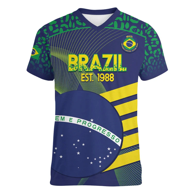 

BRAZIL Men's T-Shirt Summer Short Sleeve Brazilian BR National Emblem Flag 3D Print Fashion V Neck GYM Tees Tops Men's Clothing
