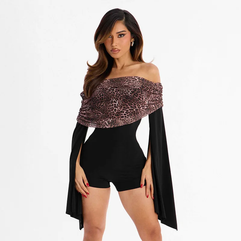 

Shoulder Baring Leopard Print Jumpsuit Shorts Long Sleeve Slim Fit Crossbody Pants Winter New Arrival Women's Fashion Silk