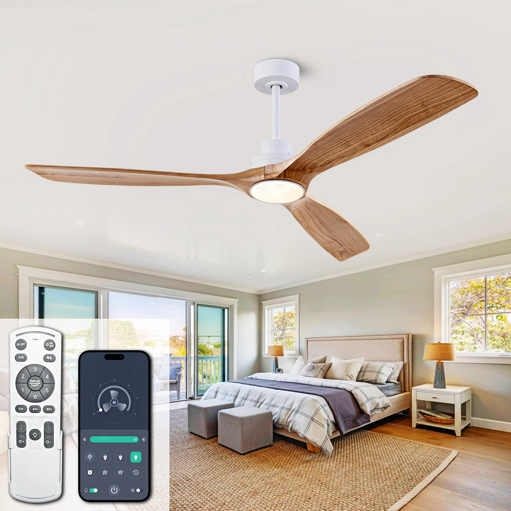 52 Zoll Deckenventilator aus Naturholz mit Beleuchtung, Fernbedienung, leisem DC-Motor für Schlafzimmer, Wohnzimmer, Zuhause – Ventilador De Techo