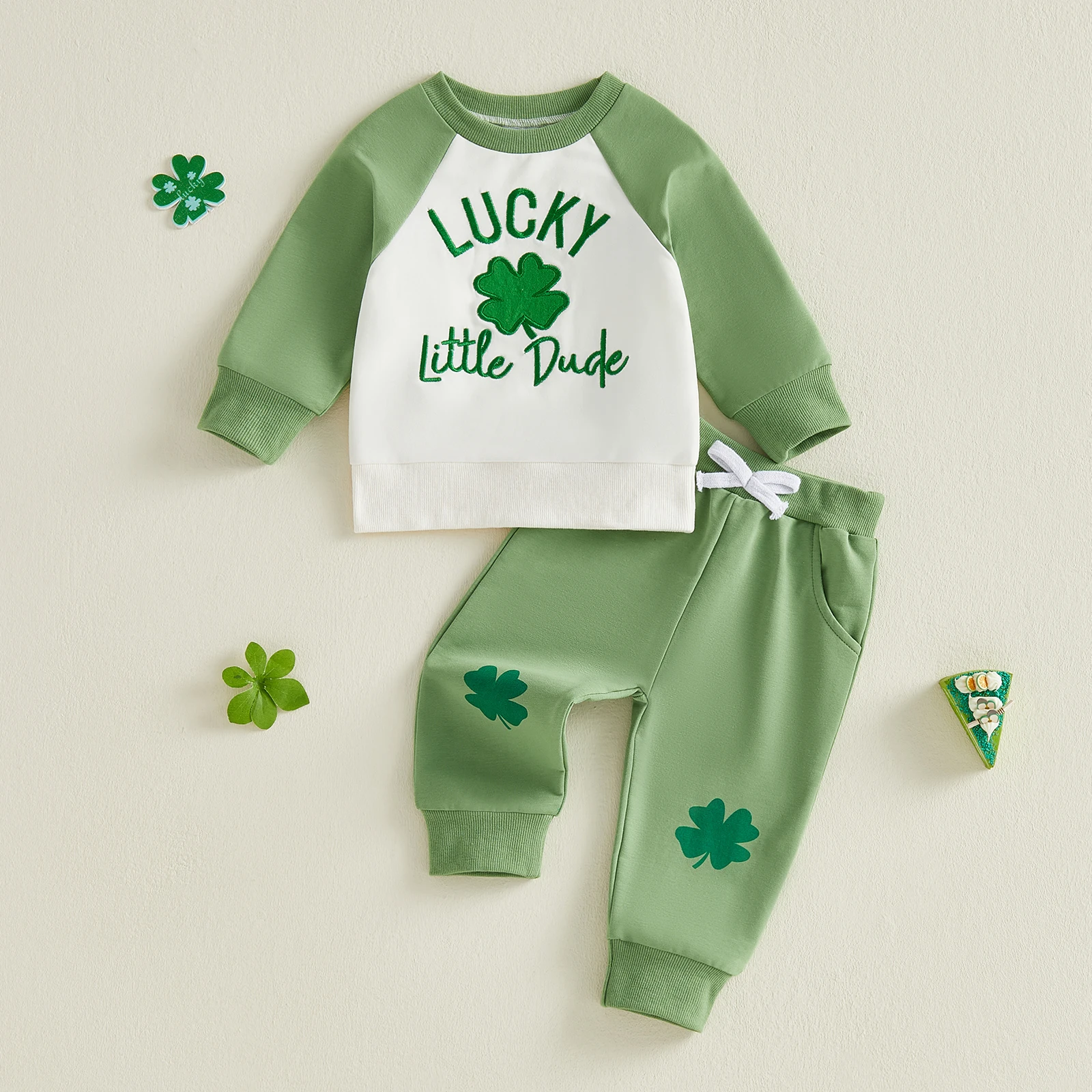 Boy Spring Outfits Letter Clover Embroidery Long Sleeve Pullover Elastic Waist Pants
