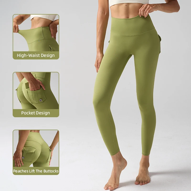 Leggings de Yoga Cargo taille haute pour femmes, collants de gymnastique solides en Spandex avec poches pour le sport, la course à pied et l'entraînement