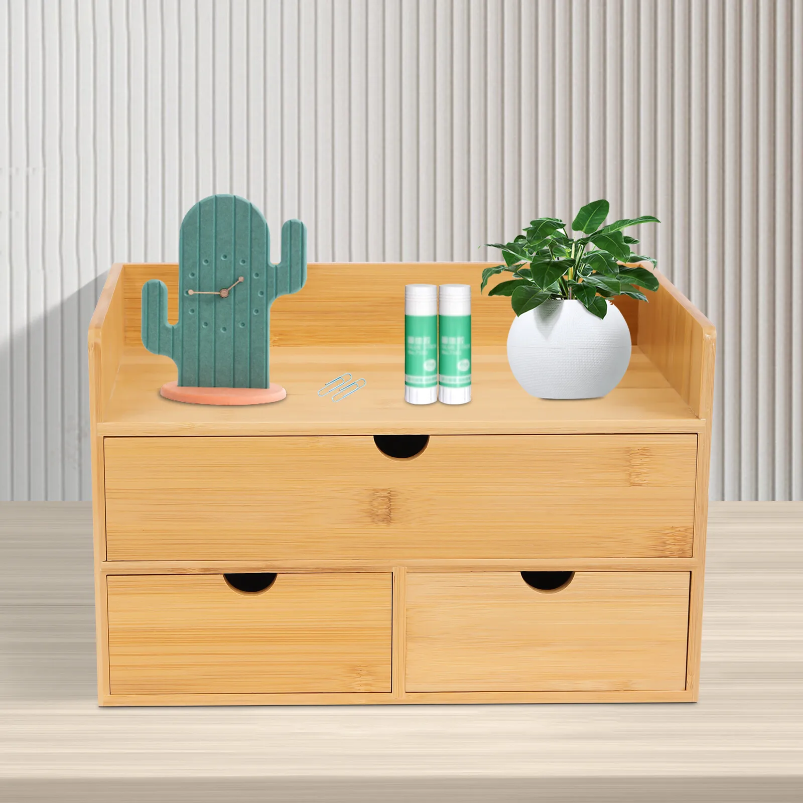 Organizer da scrivania in bambù con 3 cassetti, portaoggetti cosmetico da tavolo, design semplice
