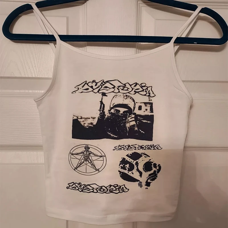 Street Girl Sexy Fashion Sleeveless Gothic Punk Print Crop Tops Women Summer Off Shoulder Slim Fit Baby Tight Tanks Y2K Clothing