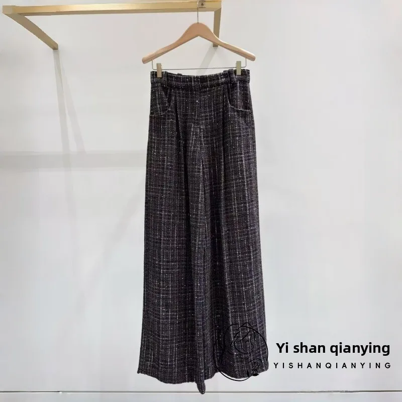 

High Waist Straight Leg Pants Women's Faion Autumn Winter Plaid Design Sequin Decorated Thi Tweed Trousers