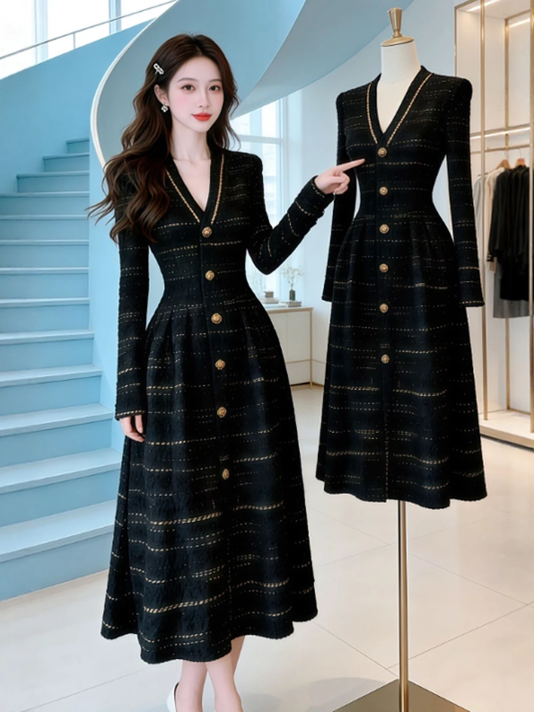 

Приталенное черное пышное зимнее платье с V-образным вырезом, приталенное в талии, миди-длина, из французского хлопка, с длинными рукавами, на пуговицах, для повседневной носки