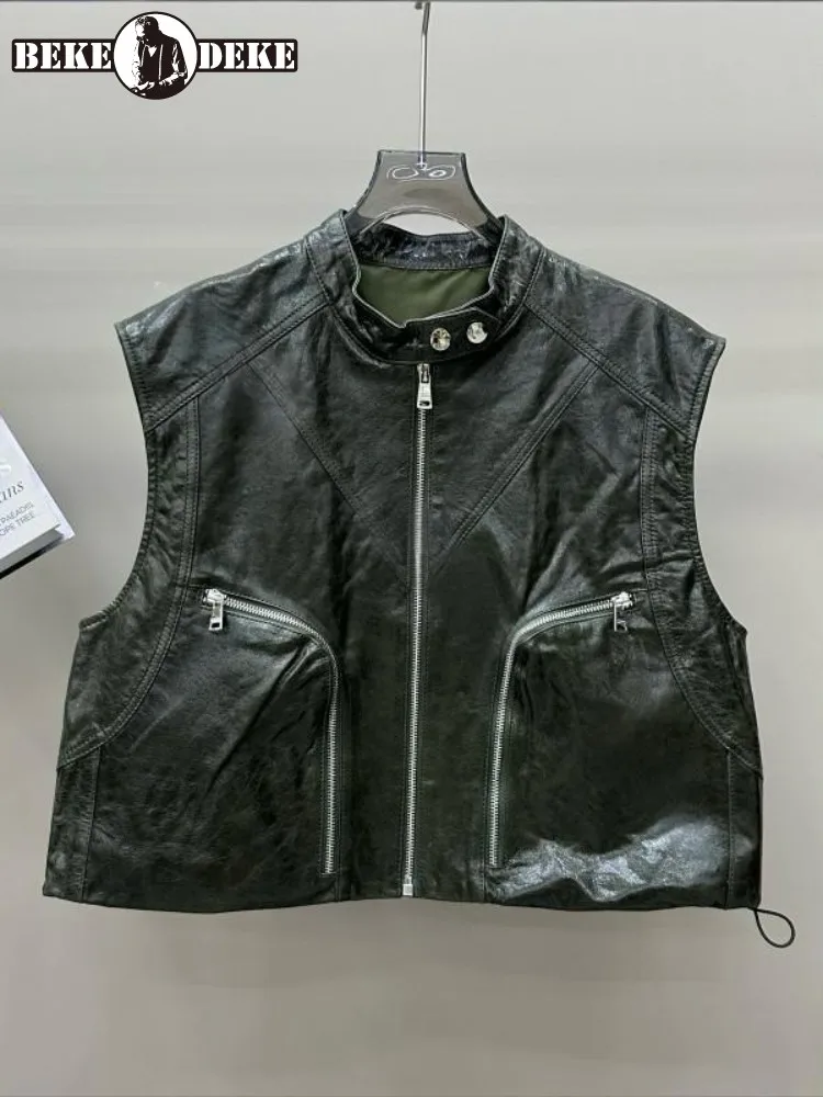

Stand Collar Punk Women Motorcycle Sleeveless Jacket New Zipper Loose Fit Casual Waistcoat Female Vintage Sheepskin Cargo Vests