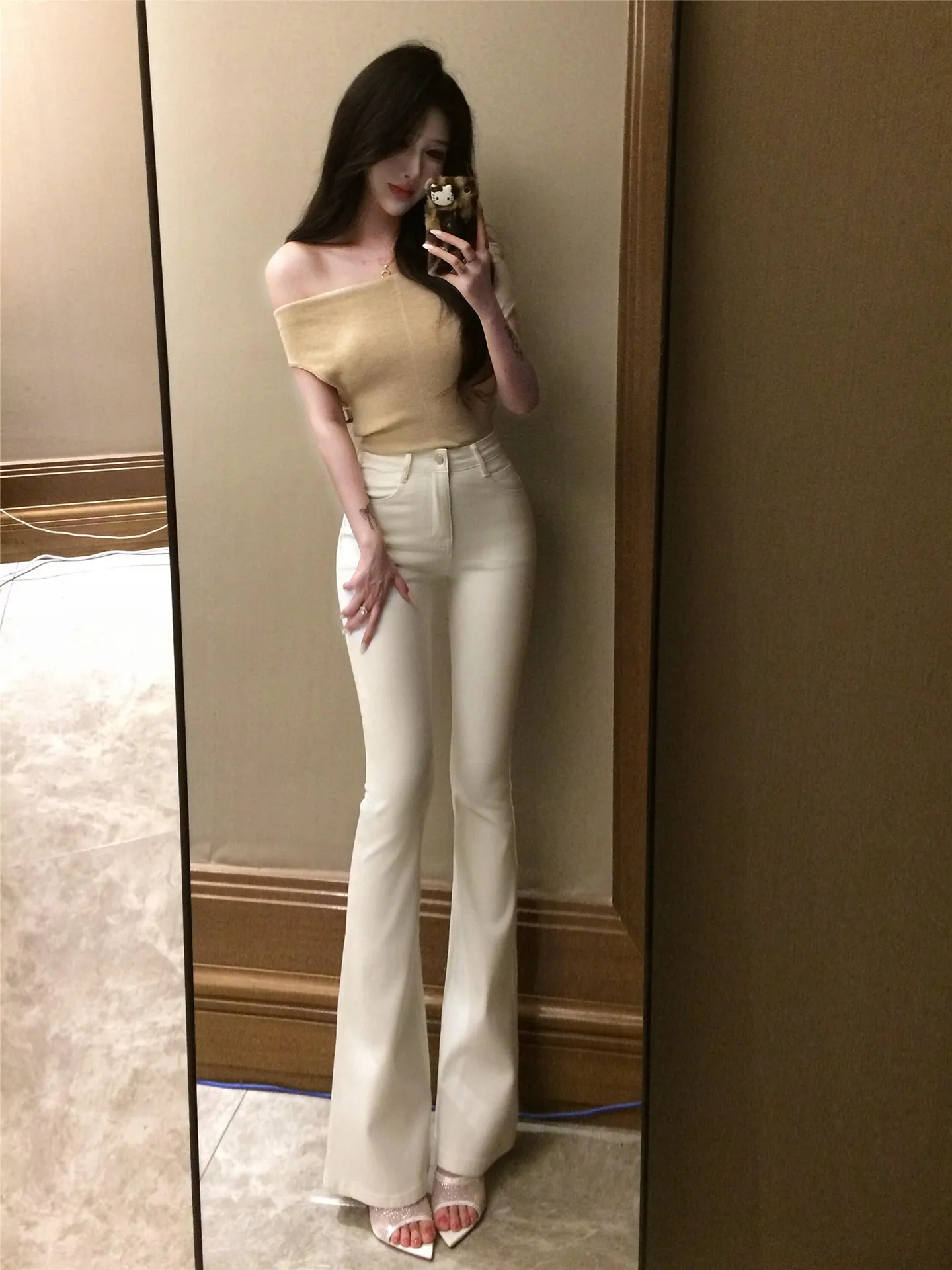 Extended High Waist Skinny Jeans Women's Summer Casual Floor-Length White Tight Micro-flared Denim Pants Tapered Slimming