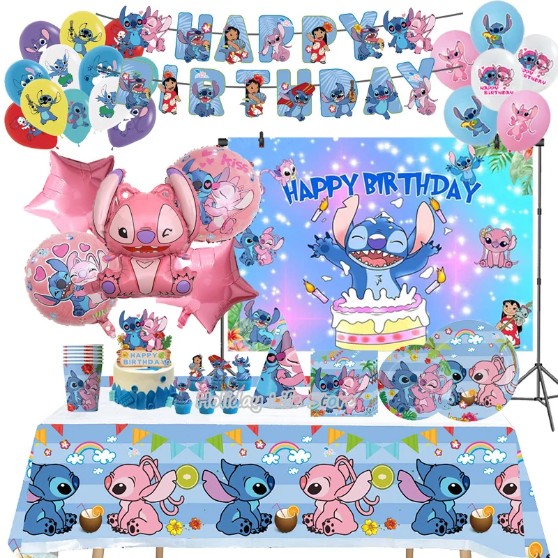 Stitch Birthday Party Decoration Pink Angel&Stitch Theme Event Supplies For Kids Balloon Disposable Tableware Banner Backdrop