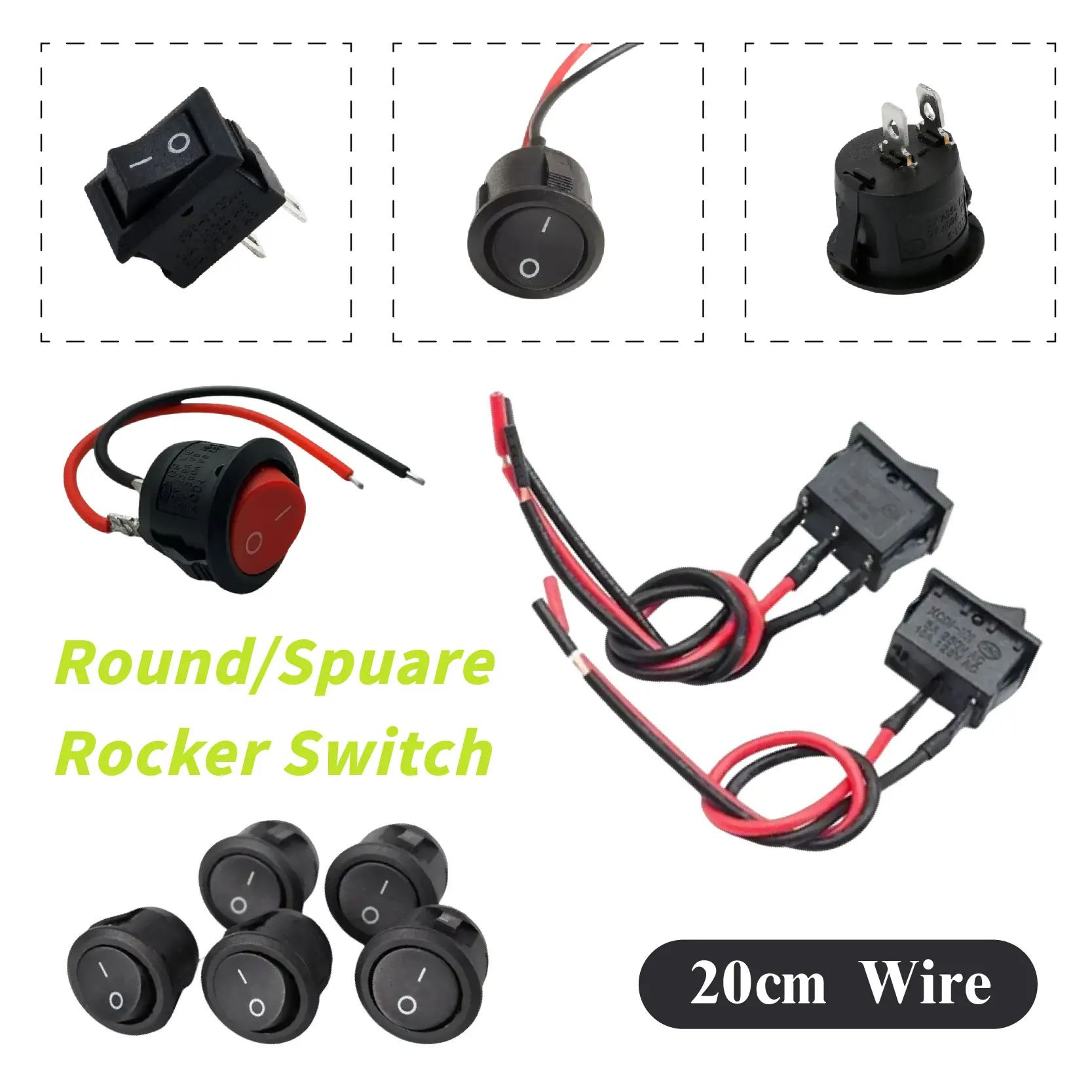 

2/3-контактный тумблер, квадратный круглый электрический переключатель, мини-качалка, включение и выключение с предварительно проводным проводом, 20 см, 6 А/250 В, 10 А/125 В