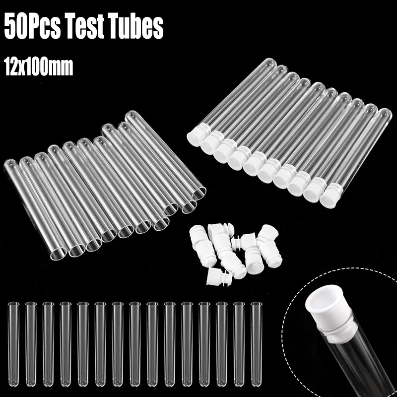 50Pcs Clear Plastic Test Tube With Cap 12x100mm U-shaped Bottom Long Transparent Test Tube Lab Supplies