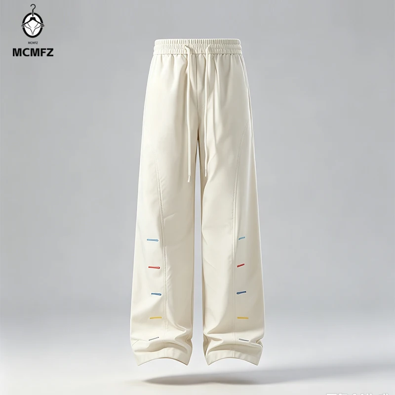 Mens Streetwear Trousers Elastic Waist Long Drawstring Loose Wide Leg Cut Decorative Stitches Light Fabric For Commute