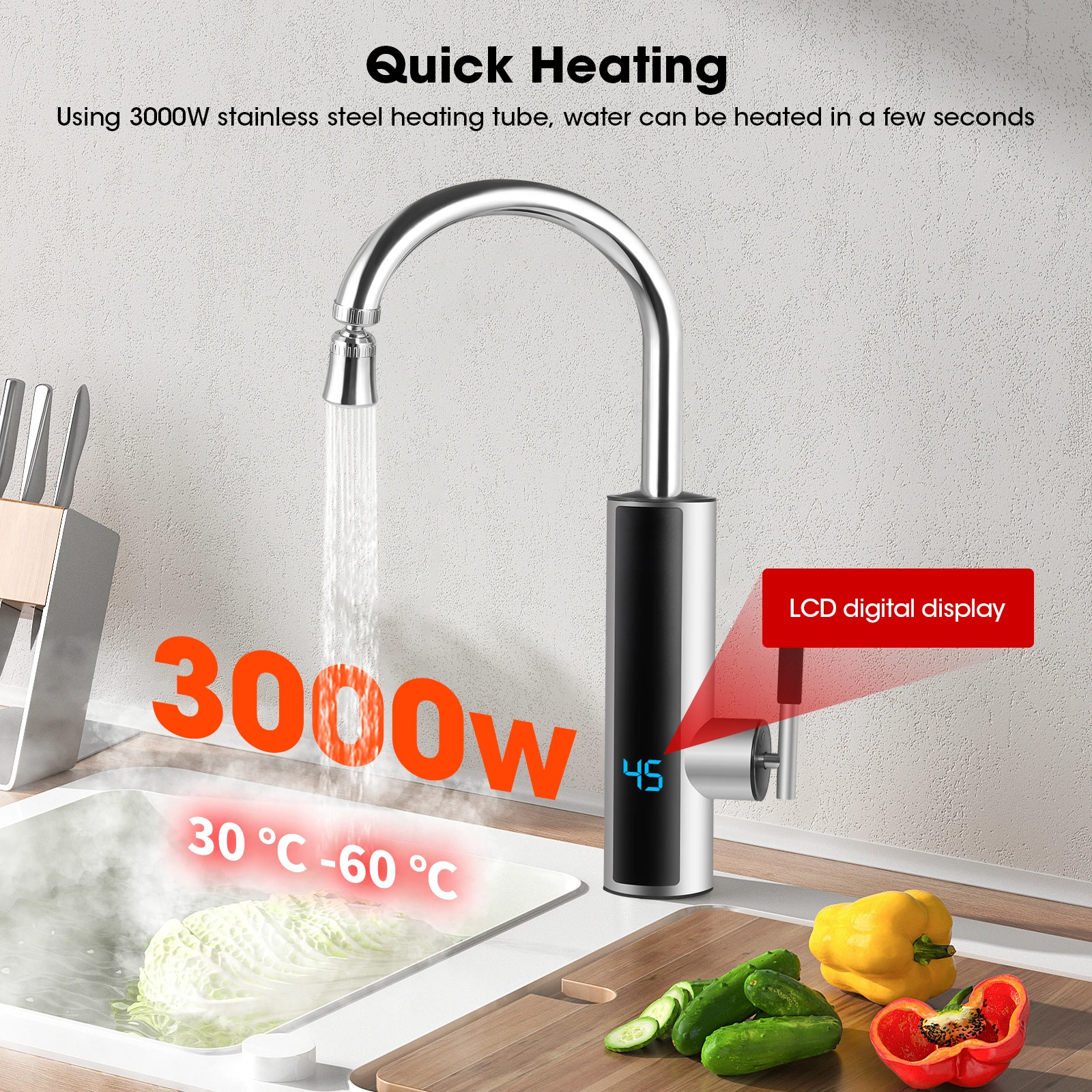 3000W Instant Electric Water Heater Faucet Tankless Hot Water Heater Tap Kitchen Bathroom Heating Faucet Machine