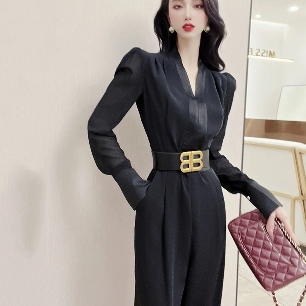 Jumpsuit Musim Gugur 2023 Romper Lurus Kerja Wanita Kantor Hitam Pinggang Tinggi V-Neck Fashion Wanita Baju Bermain Bisnis Profesional