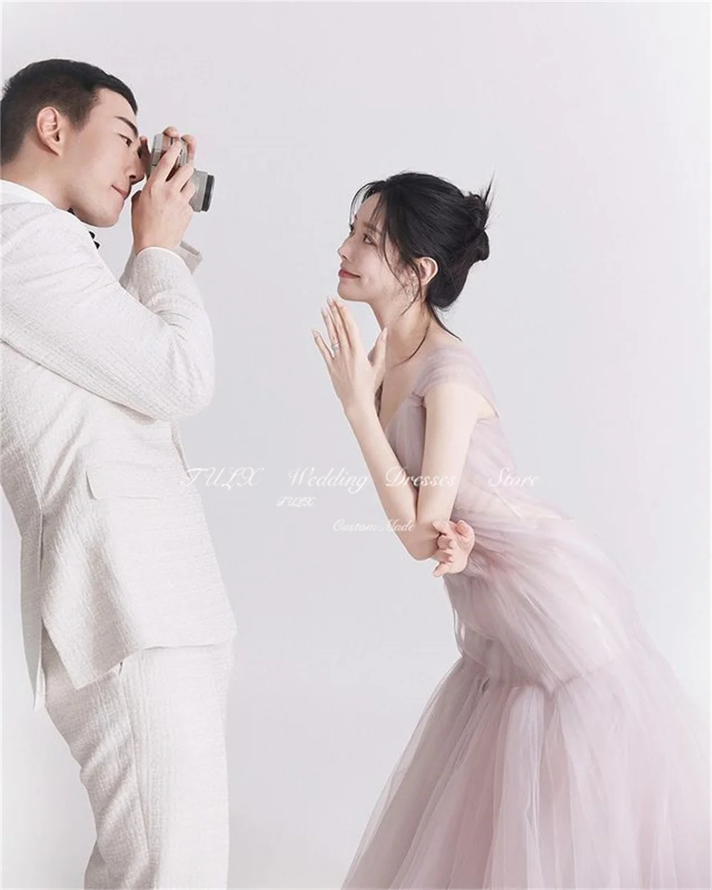 TULX V-Neck Fairy Evening Dress Korea A-line Wedding Photo Shoot Tulle Spaghetti Strap Long Bridal Formal Party Corset Custom