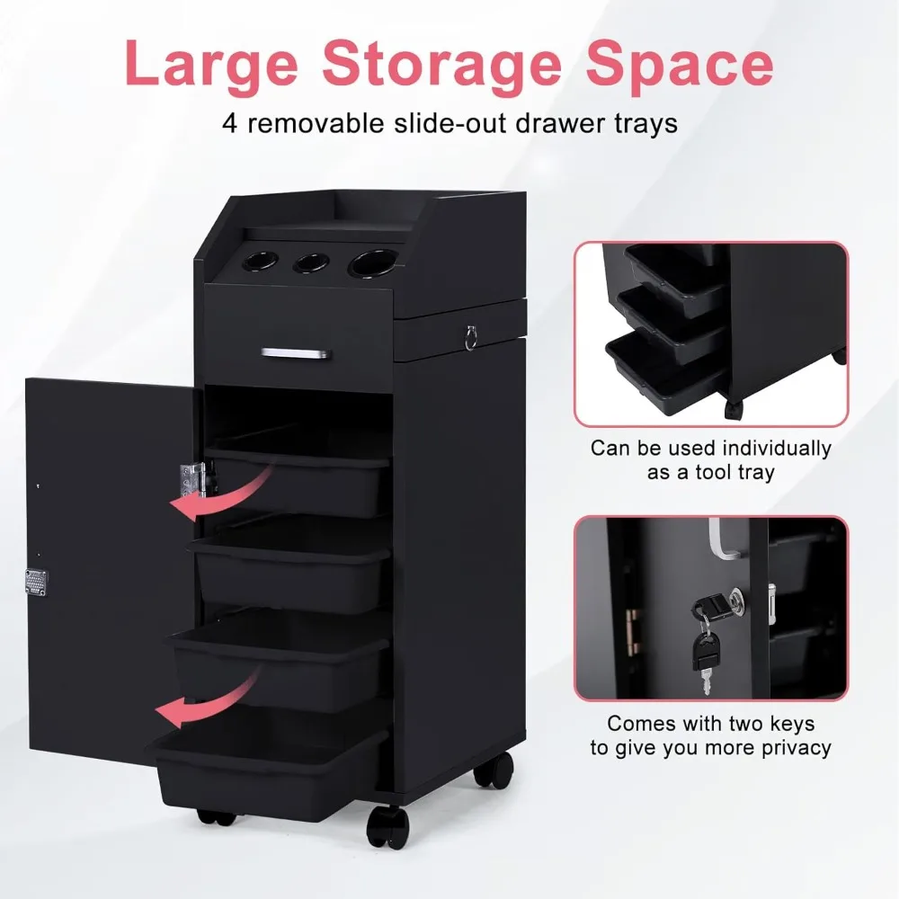 Carrinho de armazenamento para salão de cabeleireiro com rodas e 3 suportes para secador de cabelo, 4 gavetas, fechadura e 2 chaves, estação de ferramentas de cabeleireiro, maquiagem móvel