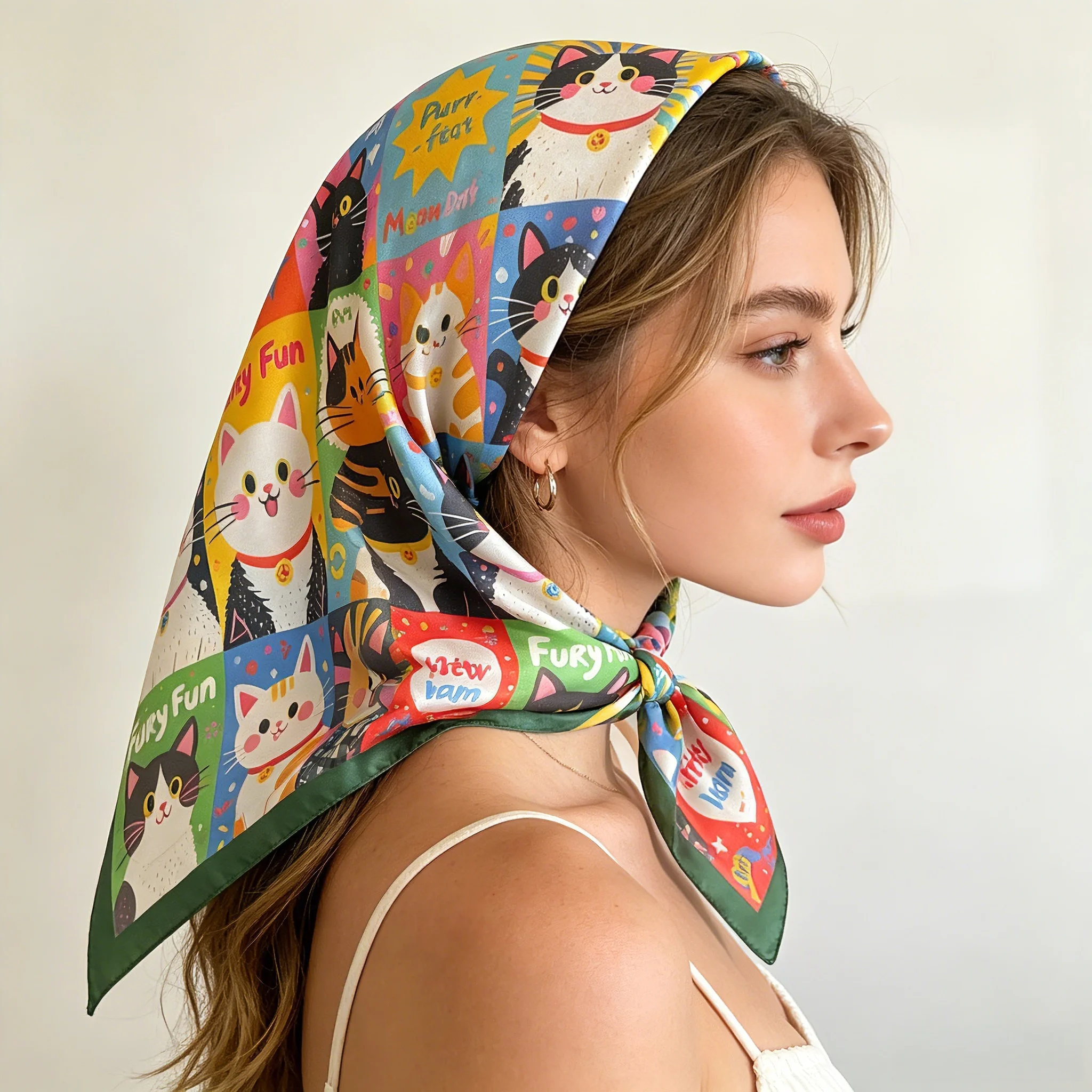 

2026 New Imitation Silk Square Scarf Women Animal Cat Printed Fashion Accessories Hairband Foualrd Bandana Neckercheif