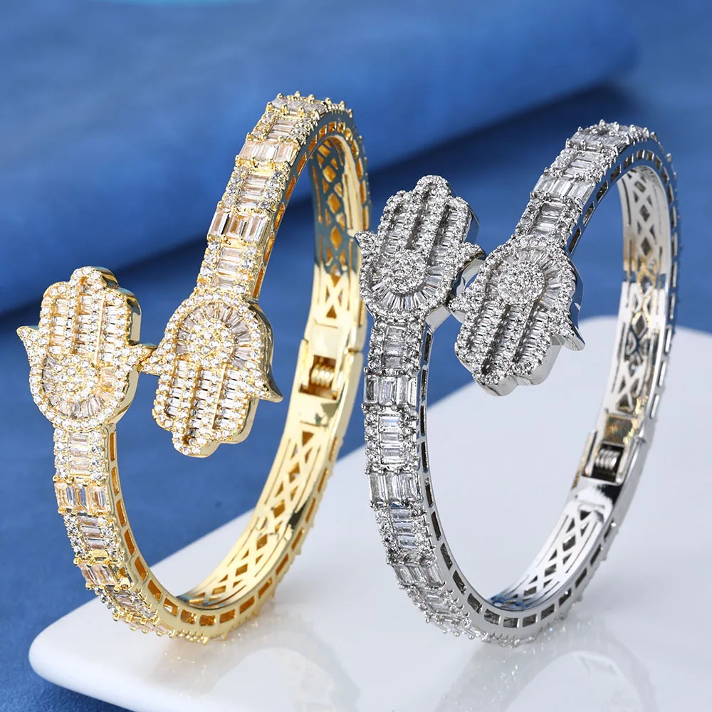 Promotion New Design Fashion Hamsa Charm  Bangle Baguette Bracele Zircon Screw Bracelet for Women Men  Gold & Silver