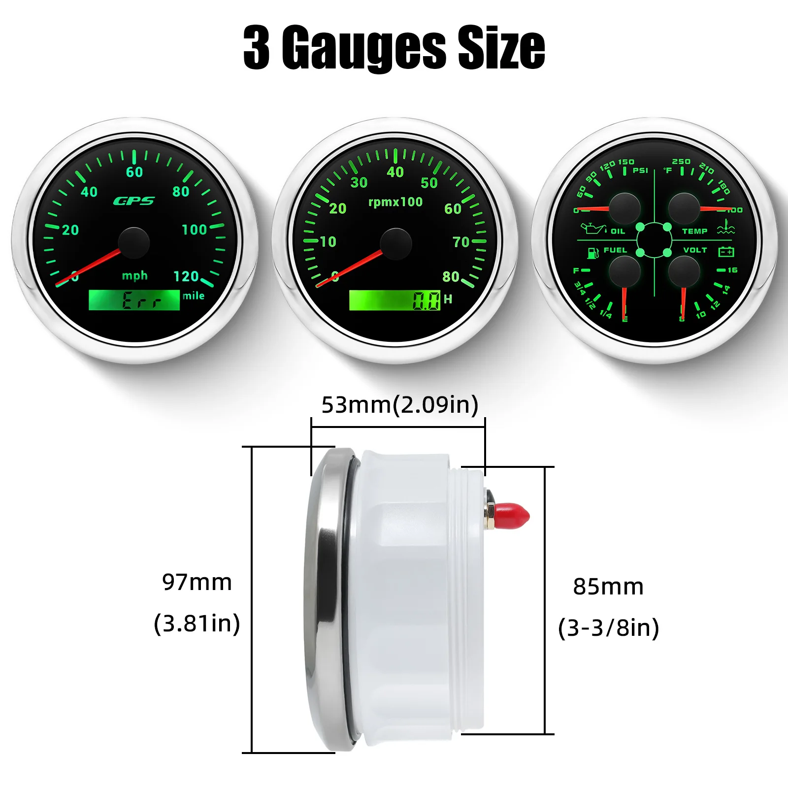 85mm 3 Gauge Set GPS Speedometer + Tachometer+ 4 in 1 Oil Pressure Water Temp Fuel Level Volt Gauge With Sensors For Marine Boat