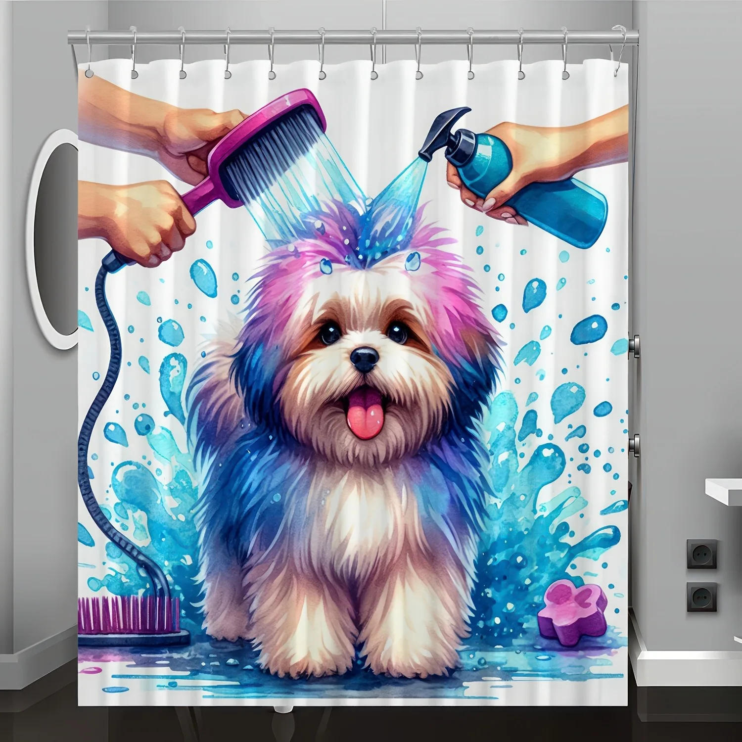 ペイントされた子犬のバスルームデザイン-シャワーカーテン-洗える-汚れに強い-シャワーヘッド-防水-ポリエステル-バスカーテン