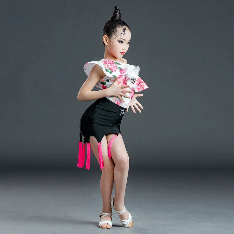 لوتس ليف كم فستان رقص اللاتينية دعوى الفتيات مهدب فستان شق دعوى الطفل فساتين الرقص اللاتينية الاطفال ممارسة الملابس