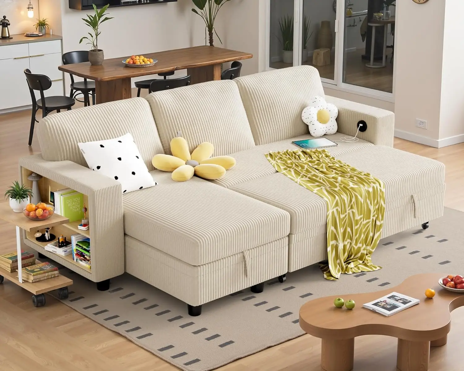 Yeshomy Sofa Bed bentuk L, Sofa serbaguna untuk ruang tamu dengan lengan tarik, kursi penyimpanan & 2 bawaan