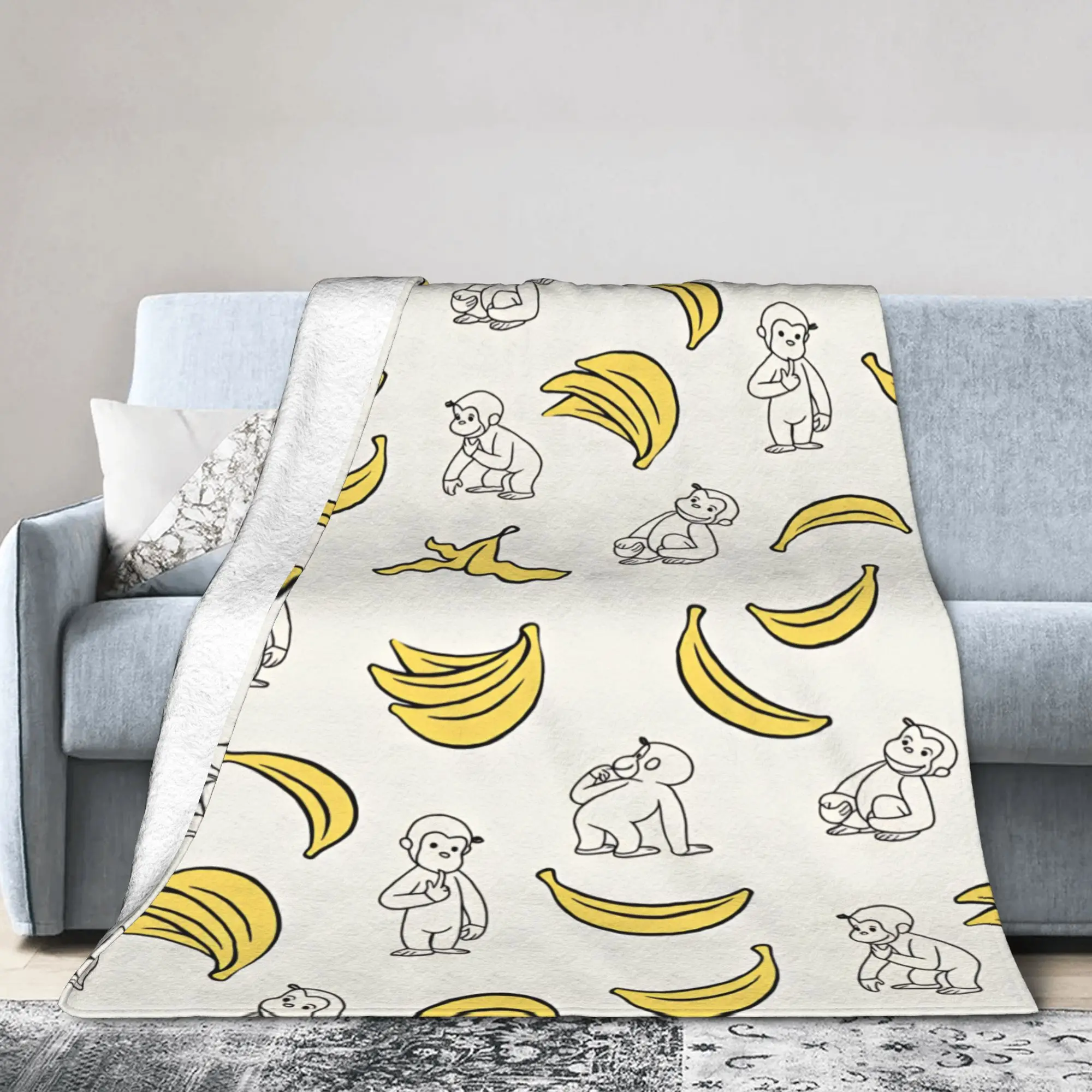 Curious George Line Art Banana Soft Warm Blanket  Picnic Plush Bedding Throws Funny Home Decor Flannel Bedspread Sofa Bed Cover