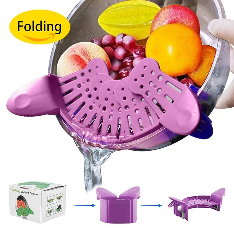 Purple Green Clip On Spaghetti Filter  Foldable Silicone Snap On Food Drain  Kitchen Pot and Bowl Retractable Drain