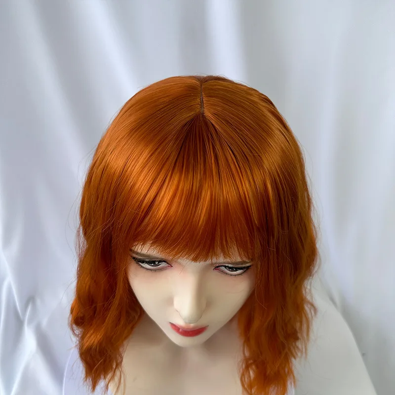 Fashionable orange synthetic wig female short curly hair wavy liu sea ripple cosplay party daily wear wig full head cover image 4