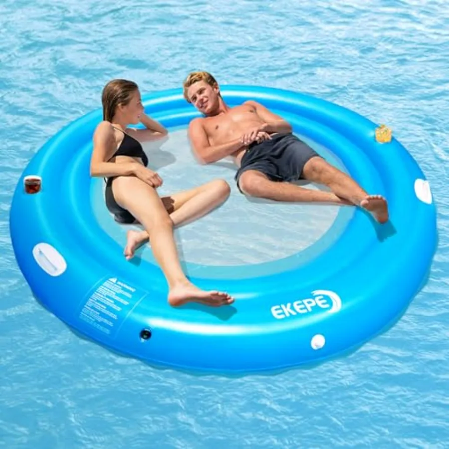 

Round inflatable water hammock for pool, lakes, oceans, and summer parties; heavy-duty PVC material; blue color; 7ft diameter w