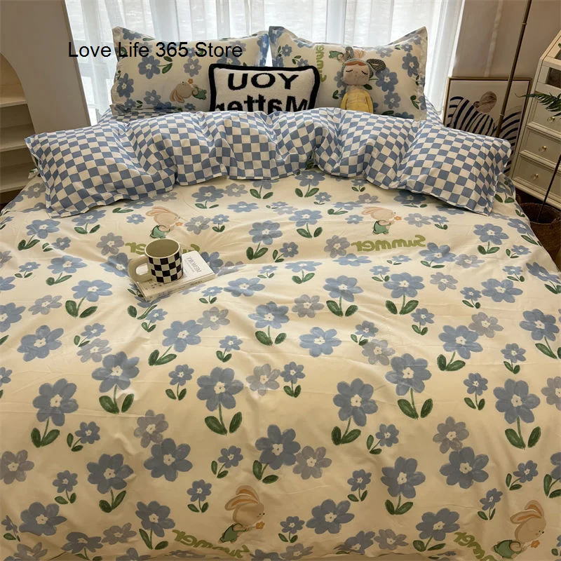 

Ins Nordic Pastoral Style blue Floral Duvet Cover With Pillow Case Princess Bed Sheet Kids Girls Bedding Set King Queen Cute