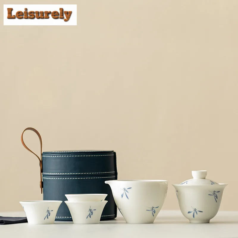 

Hand Drawn Butterfly Orchid Tea Set Kit Zen 1 Bowl 3 Cups Tea Maker Tea Set Portable Trave Leather Handbag Chinese Tea Set Gift