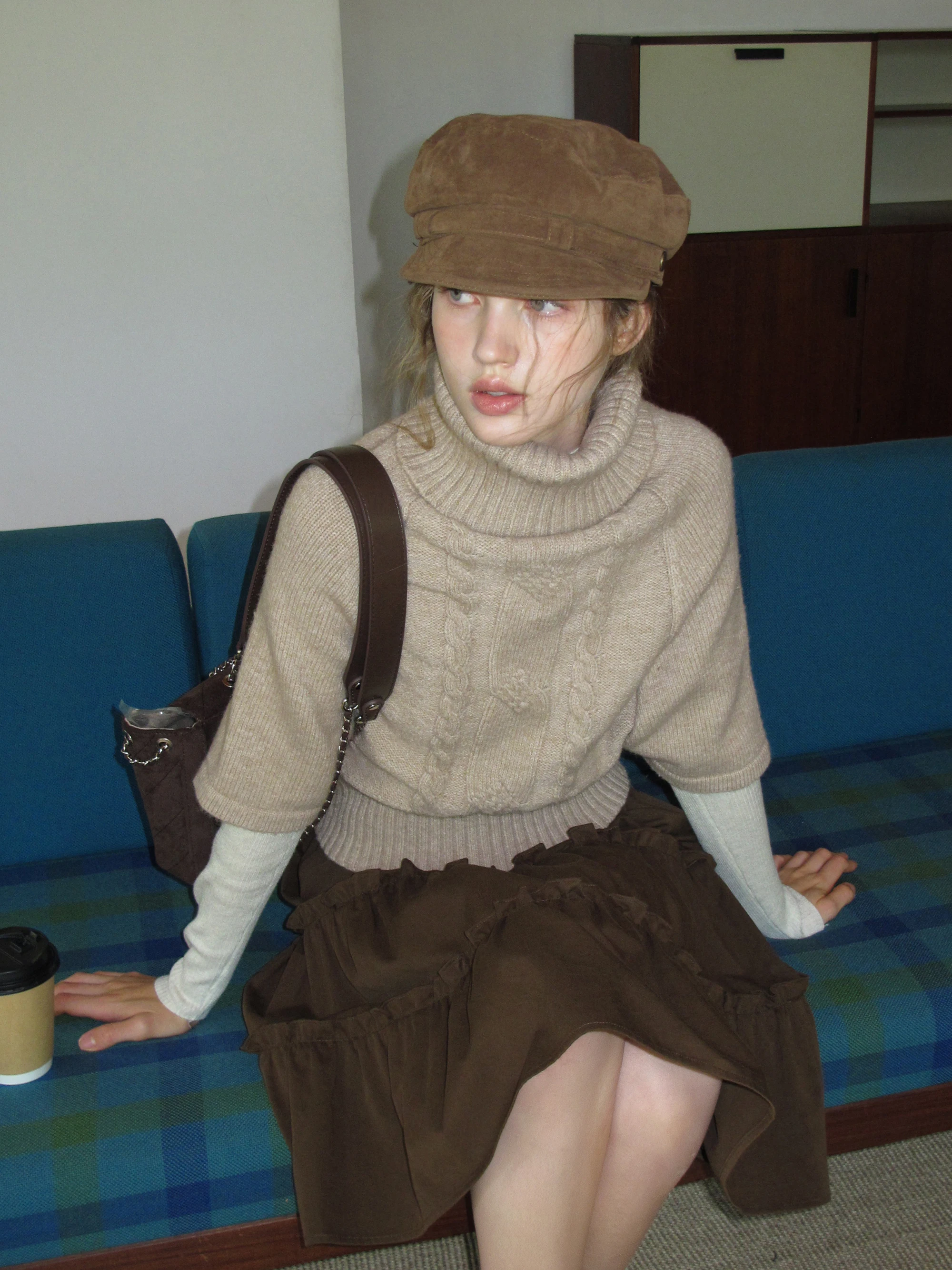 

Retro Sle Knitted Sweater Eggka Coffee High Collar Twist Middle Sve Batwing Sve Loose Slimming Top for Women