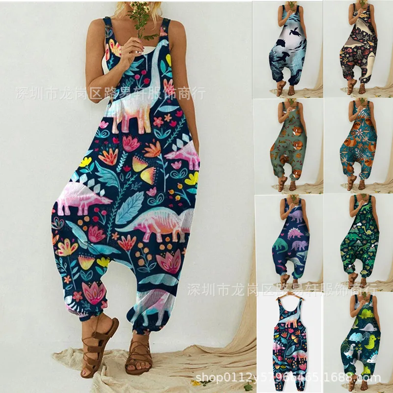 Cross-Pants Romper Plus Size Jumpsuits Overalls Abstract Animal Print Oversized Suspender Spaghetti Strap Overalls Baggy Romper